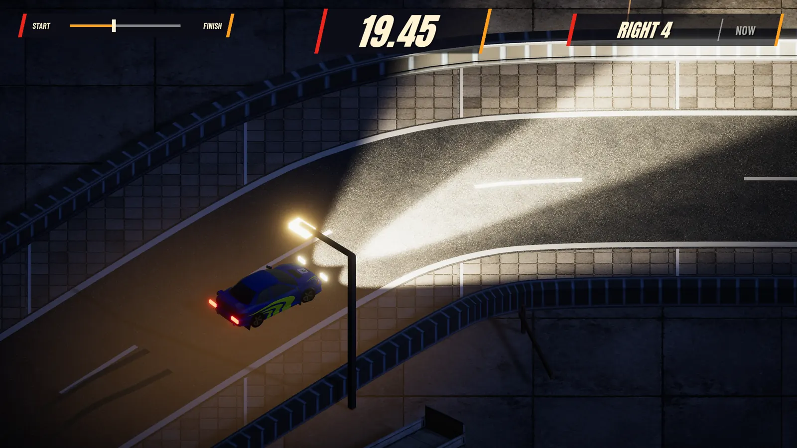 A car on a city road at night, lit by its headlights and a street lamp