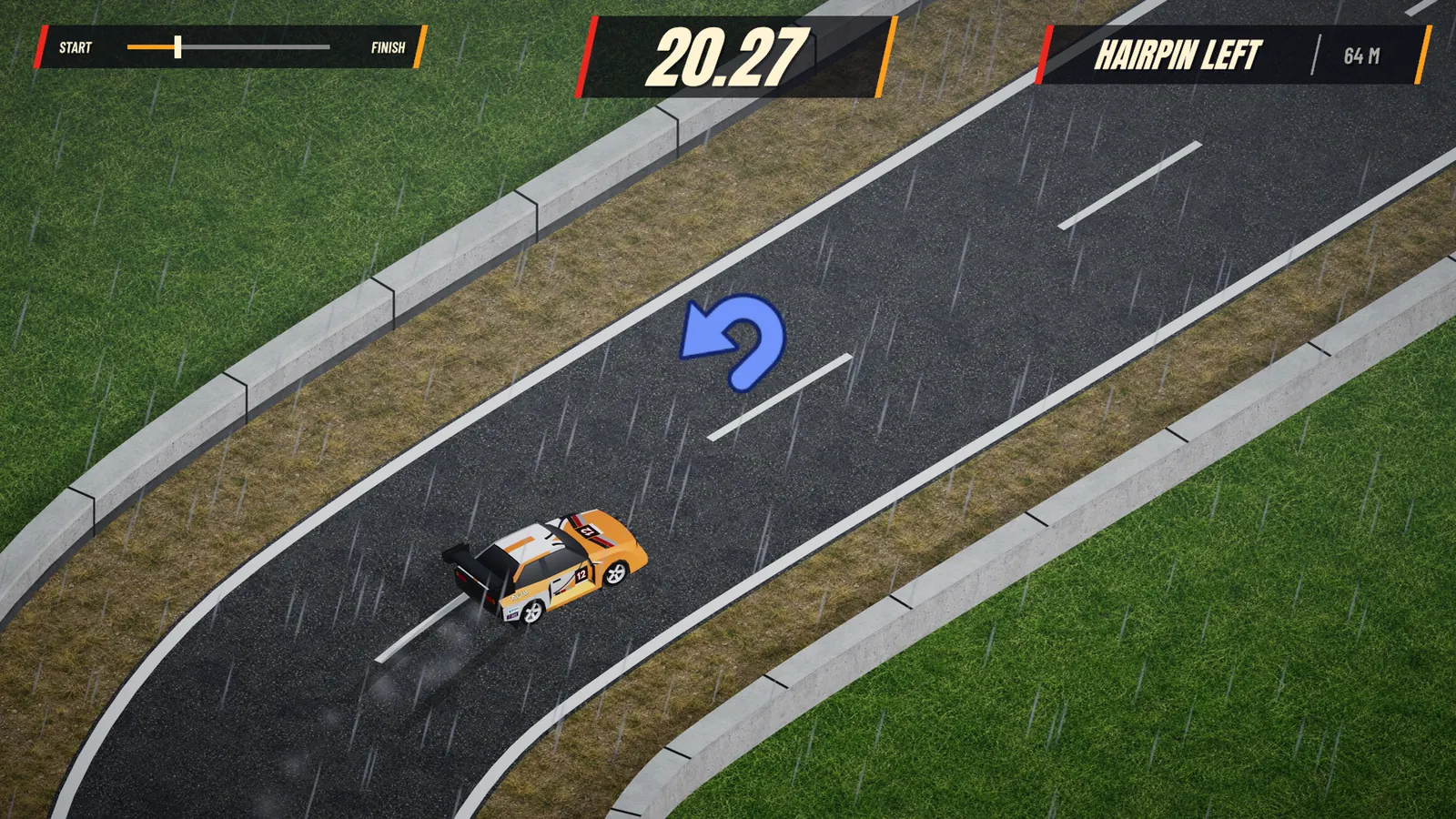 A rally car on a wet road with a hairpin called by the co-driver