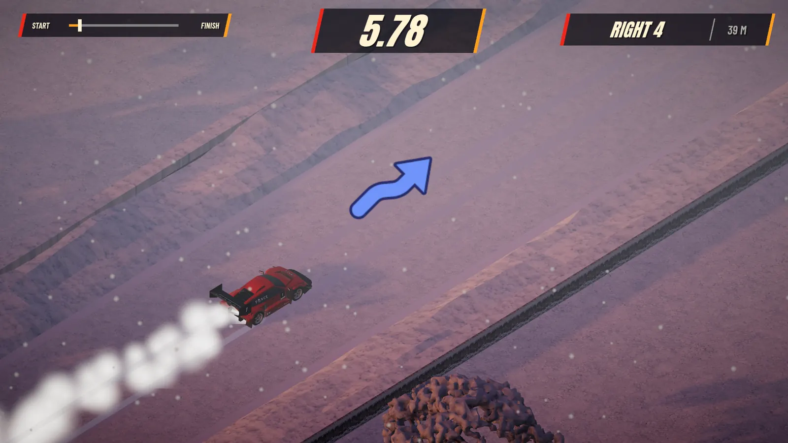 A car throwing up snow at dusk